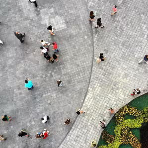Aerial photo of people walking in a park