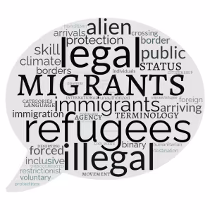 A word cloud showing terminology used to refer to people crossing borders.
