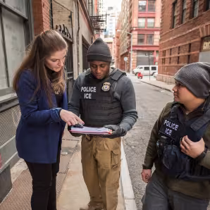 U.S. Immigration and Customs Enforcement officers consult in New York City. 