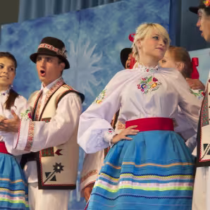 Four dancers in traditional Ukrainian dress.