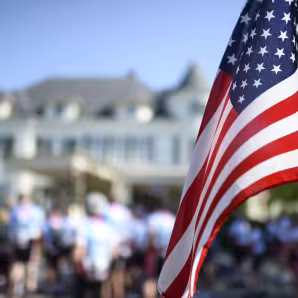 A flag hangs at the vice president's residence at the U.S. Naval Observatory in Washington, DC.