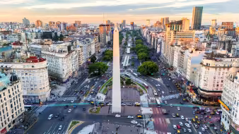 Aerial view of the Obelisco de Buenos Aires at the intersection of Avenida 9 de Julio, the world's widest avenue, and Avenida Corrientes