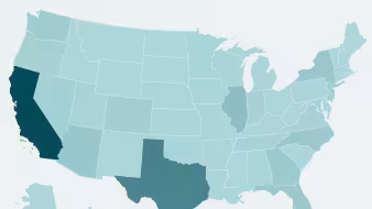 A map of U.S. states in different shades of teal