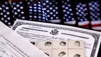 Immigration paperwork and fingerprints in front of a flag of the United States