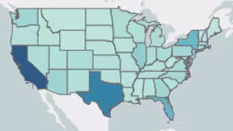 A U.S. map with states in different shades of blue