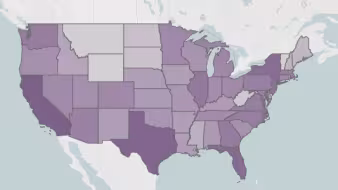 A U.S. map with states in different shades of purple
