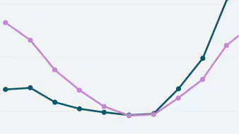 A line chart with one dark blue line and one purple line