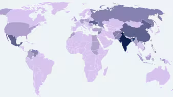 World map with countries colors in different shades of purple