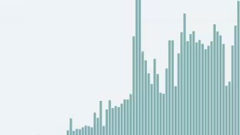 A vertical bar chart with many light teal bars