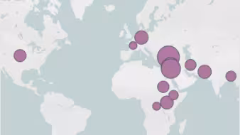 A world map with purple circles on various countries