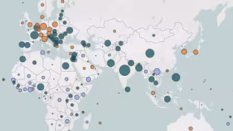 A world map with orange, teal, and blue circles on various countries