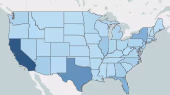A U.S. map with states in different shades of blue