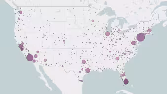 A U.S. map with purple bubbles over certain metro areas