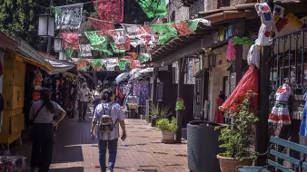 Una mujer en una calle peatonal con banderas rojas, verdes y blancas sobre su cabeza.