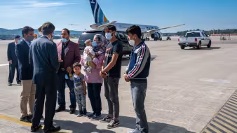 Photo of Secretary of State Antony J. Blinken meeting with Afghan evacuees in Germany