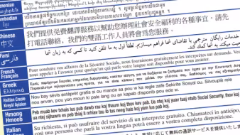 A Social Security flyer highlights the availability of interpreters in different languages