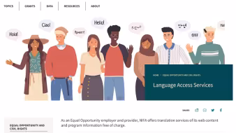 People with language bubbles in different languages on a USDA language access services website screenshot