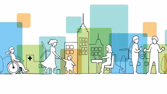 A line drawing of a city landscape with people