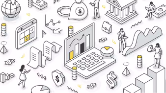 Collection of illustrations related to finance, business, and people working together