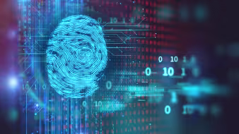 A blue fingerprint against a dark background with computer code