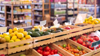 Fresh vegetables and fruits in a supermarket