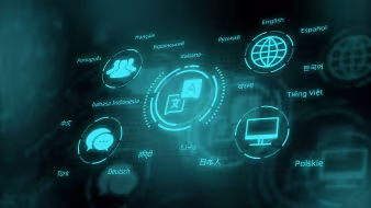 The names of languages and translation icons in blue on a black background