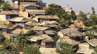 Ramshackle dwellings dot a hillside in the Kutupalong refugee camp, outside Cox's Bazar, Bangladesh.